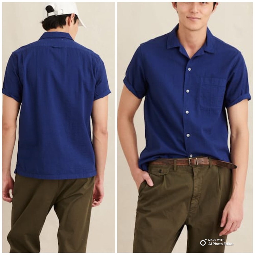 NWT Alex Mill Mens Seersucker Camp Shirt Navy Blue Button Down Cotton Size Large
